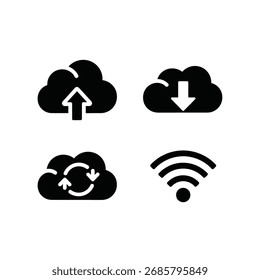 Um conjunto de quatro ícones pretos representando conceitos de computação em nuvem: upload, download, sincronização e um símbolo Wi-Fi para conexão wireless com a Internet.
