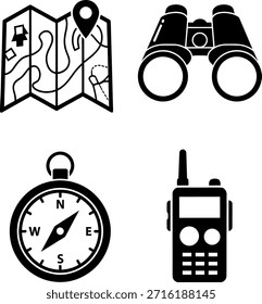 Un conjunto de cuatro iconos negros que representan herramientas de navegación y exploración, incluyendo un mapa, binoculares, brújula y radio bidireccional.