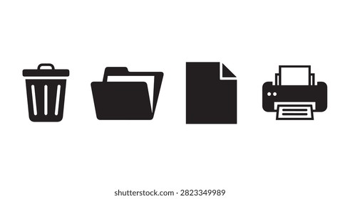 Set of four black icons representing trash bin, folder, document, and printer for office waste management and recycling themes.
