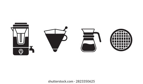 Set of four black icons representing coffee machine, cocktail glass, coffee pot, and coffee filter, suitable for food and beverage themes.
