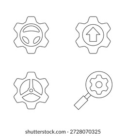 Un conjunto de cuatro íconos negros para el volante, el Cargar y las Configuraciones de búsqueda.