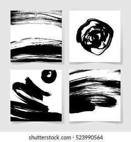set of four black ink brushes grunge square pattern, hand drawing background collection for your design, brush strokes element vector illustration 