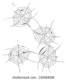 Set of four, black, isolated, simple icons of spiderweb on white background