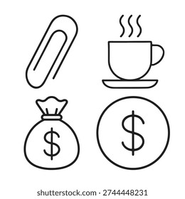 A set of four black line art icons on a white background, featuring a paperclip, a steaming cup of coffee on a saucer, a money bag with a dollar sign, and a dollar coin with a dollar sign