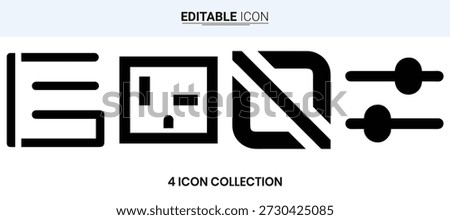 A set of four black, linear icons: menu, square, diagonal line, and a plus symbol.