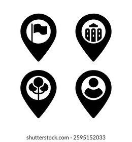Set of Four Black Map Location Icons with Flag, Building, Tree, and Person Symbols