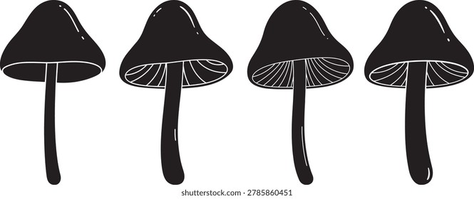 Set of four black mushroom silhouettes, natural objects, isolated on white.
