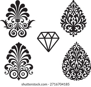 Conjunto de quatro preto ornamentado damasco floresce elementos e um ícone de contorno de diamante, design de estêncil de vetor