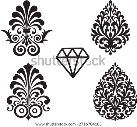 Set of four black ornate damask flourish elements and one diamond outline icon, vector stencil design