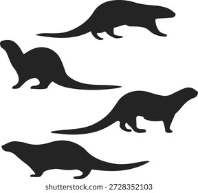 Conjunto de quatro silhuetas de lontra preta em poses diferentes, ilustração gráfica vetorial