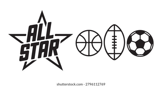 Set of four black outline icons basketball football soccer balls and star shape all star logo.