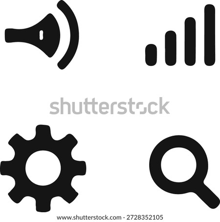 Set of four black outline icons speaker, signal strength, gear, and magnifying glass
