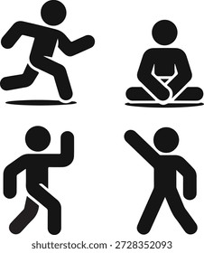 Conjunto de cuatro pictogramas negros que representan acciones humanas corriendo, meditando, lanzando y saludando