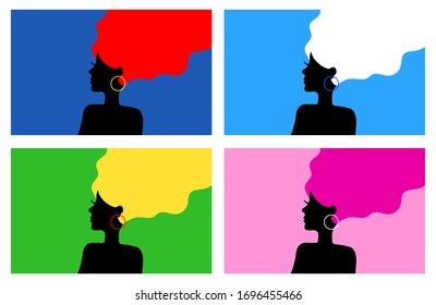 Set of four black profile silhouettes of woman with long wavy hair, round ring earring and long eyelashes. Color backgrounds. Red, white, yellow, pink hair. Vector graphics, illustration