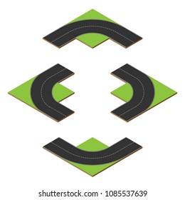 Set of four black road isometric elements with green corners