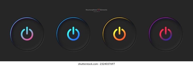 Ein Satz von vier schwarzen runden Schaltflächen mit farbigen Machtsymbolen. Benutzeroberflächen-Elemente für mobile Geräte im Stil von Lungenorphismus, UI, UX. Vektorgrafik.