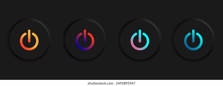 Conjunto de cuatro Botones redondos negros con símbolos de potencia de color. Elementos de interfaz de usuario para dispositivos móviles en el estilo de neumorfismo, UI, UX. Vector EPS 10.