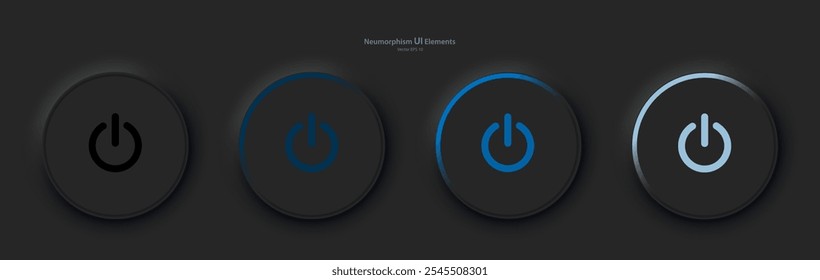 A set of four black round buttons with black and blue backlight and power symbols. User interface elements for mobile devices in the style of neymorphism, UI, UX. Vector EPS 10.