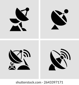 Set of four black satellite dish icons representing communication and broadcasting concepts