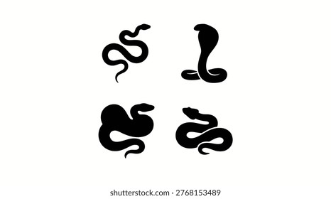 Set of four black serpent silhouettes in various poses on a plain surface, representing reptiles and wildlife in a symbolic context 