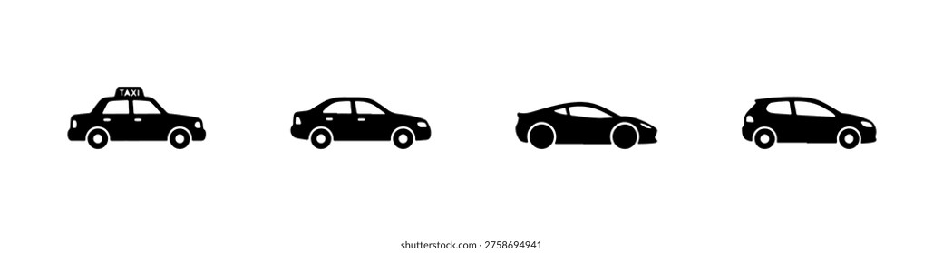 A set of four black silhouette car icons, featuring a taxi, a sedan, a sports car with a spoiler, and a compact hatchback.