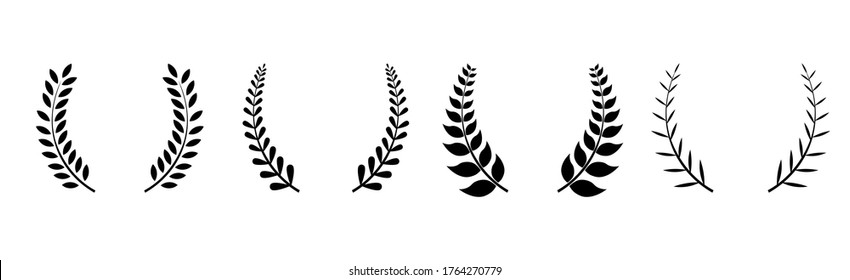 Set of four black silhouette circular laurel foliate, wheat and oak wreaths depicting an award, achievement, heraldry, nobility emblem floral greek branch in flat style on white background
