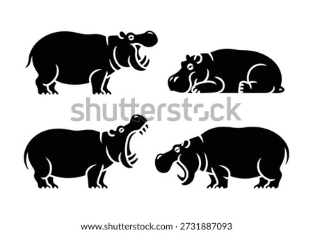 A set of four black silhouette illustrations of hippopotamuses in various poses, including standing with mouths open and one lying down.