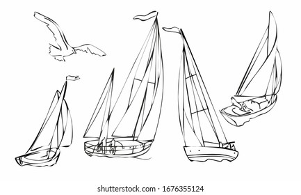 Set of four black silhouette sailboats, set of sailboat icons. Outline style. Line art svg