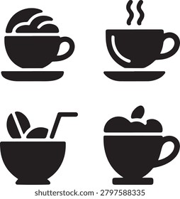 Set of four black silhouette showing different types of coffee cups and a bowl with beans drink de