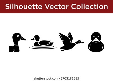 Um conjunto de quatro ilustrações de patos em forma de vetor de silhueta preta, representando diferentes ações e formas.