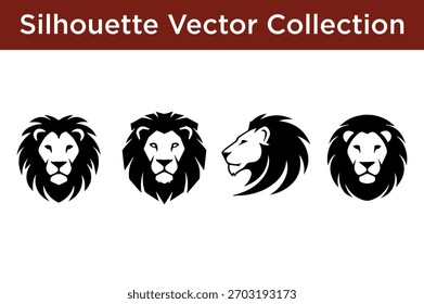 A set of four black silhouette vector graphics featuring stylized lion heads in various poses.