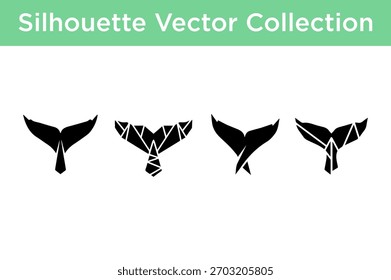 A set of four black silhouette vector graphics depicting stylized whale tails, including geometric and smooth designs.