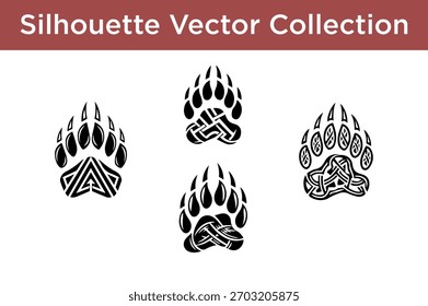 A set of four black silhouette vector graphics featuring stylized bear paw prints with intricate tribal or Celtic knot designs.
