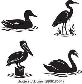 A set of four black silhouettes of aquatic birds, including a duck, heron, pelican, and swan on a white background, ideal for graphic design projects
