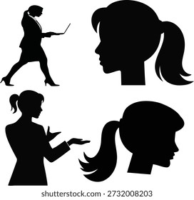 Eine Reihe von vier schwarzen Silhouetten, die eine Frau mit einem Pferdeschwanz in verschiedenen Positionen und Aktivitäten darstellen