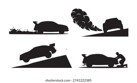A set of four black silhouettes depicting cars in different situations: driving on a dirt road, emitting smoke, jumping over a ramp, and being pushed by a person, all on a white background.