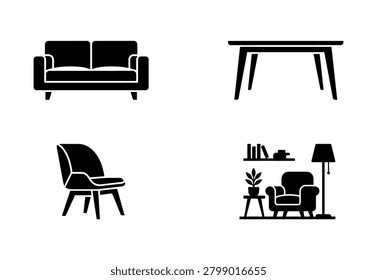 A set of four black silhouettes depicting various furniture pieces, including a sofa, chair, table, and a living room scene with a chair, lamp, and plant.   