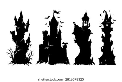 A set of four black silhouettes depicting haunted castles with bats and a crescent moon against a white background, showcasing a distinctive silhouette style.