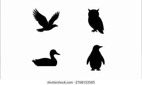 A set of four black silhouettes featuring a flying duck, an owl, a duck, and a penguin, showcasing various bird species in profile views.