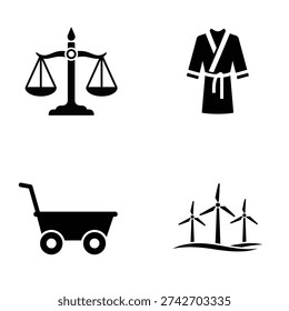 A set of four black silhouettes including a scale, robe, cart, and wind turbines silhouette