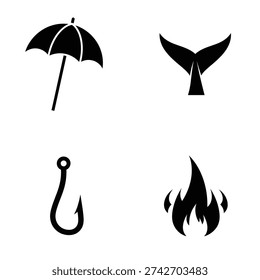 A set of four black silhouettes including an umbrella, whale tail, fishing hook, and flames on a white background silhouette