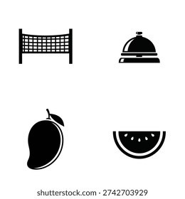 A set of four black silhouettes including a volleyball net, a cloche, a mango, and a slice of watermelon on a white background silhouette