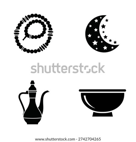 A set of four black silhouettes including a rosary, a crescent moon with stars, a teapot, and a bowl against a white background silhouette