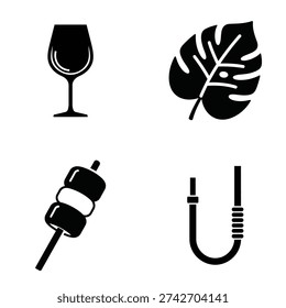 A set of four black silhouettes on a white background including a wine glass, a leaf, a skewer and a cable silhouette