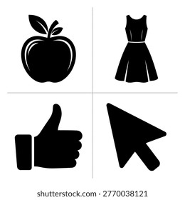 A set of four black silhouettes on a white background including an apple, dress, thumbs up and computer mouse