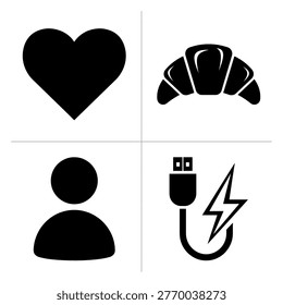A set of four black silhouettes on a white background including a heart, croissant, person, and USB cable with a lightning bolt silhouette