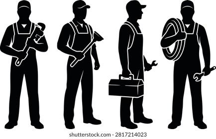A set of four black silhouettes of professional manual laborers or tradesmen holding various tools like wrenches and a toolbox.
