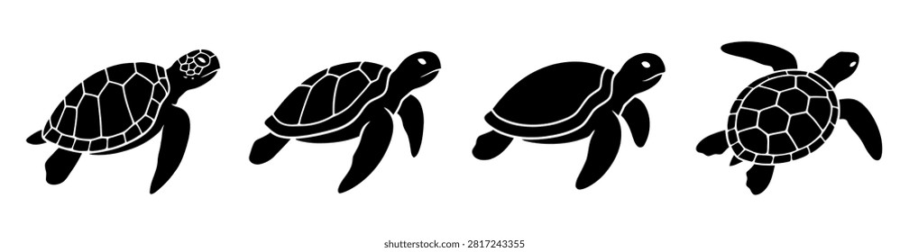 A set of four black silhouettes of sea turtles swimming in different poses on a white background.