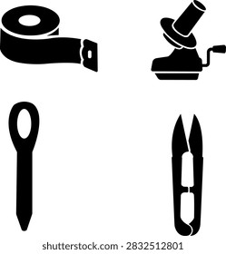 Set of four black silhouettes of sewing tools, including a measuring tape, yarn winder, needle, and thread snips on a white background