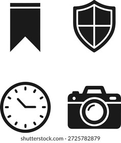 Conjunto de quatro ícones simples pretos, incluindo um relógio de escudo marcador e câmera em uma superfície branca